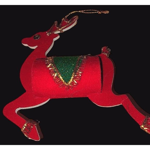 Vintage Red Reindeer Christmas Ornament With Gold Accents & Green Saddle AX - Picture 1 of 9
